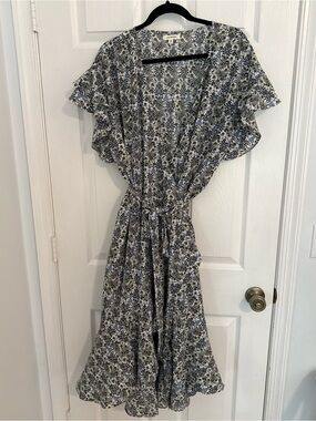 Max Studio Blue and White Floral Midi Wrap Dress